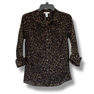 Calvin Klein Lightweight Animal Print Pleated Blouse Button Up Roll Tab Sleeve S